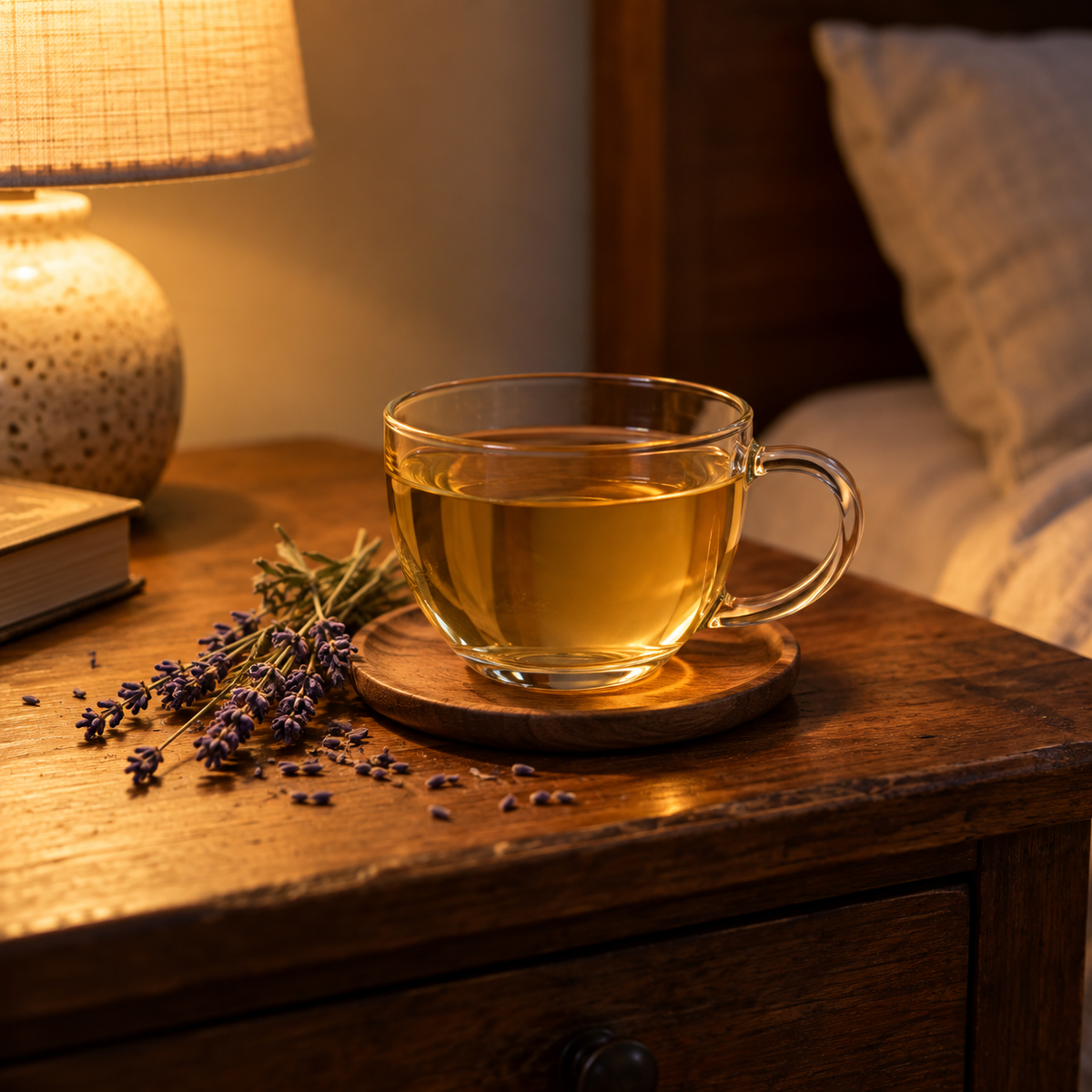 A glass cup of lavender tea in the evening