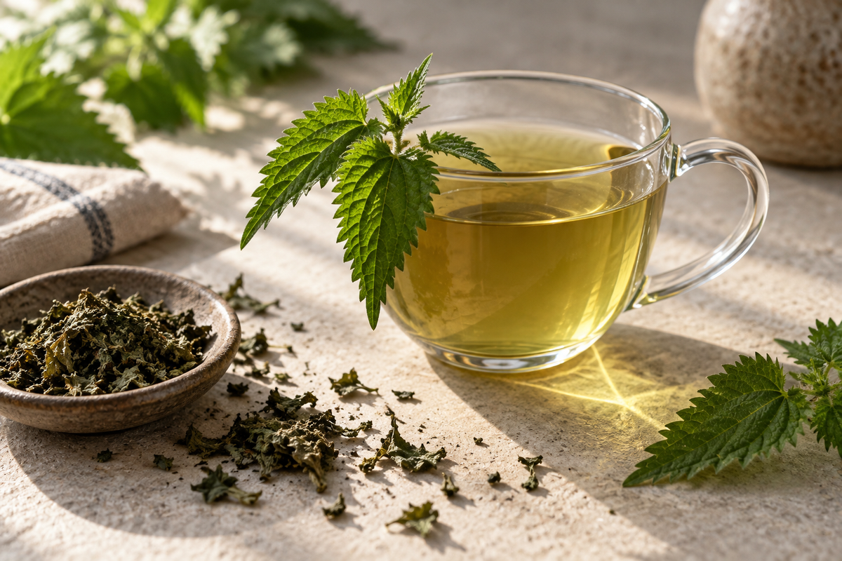 A glass cup of nettle leaf tea with a fresh nettle leaf
