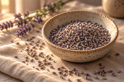 Dried lavender flower buds in a ceramic bowl