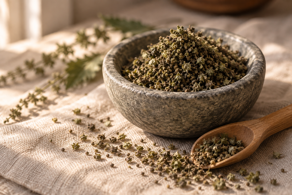Dried Himalayan nettle seeds in a stone bowl