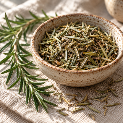 Dried rosemary leaves in a ceramic bowl