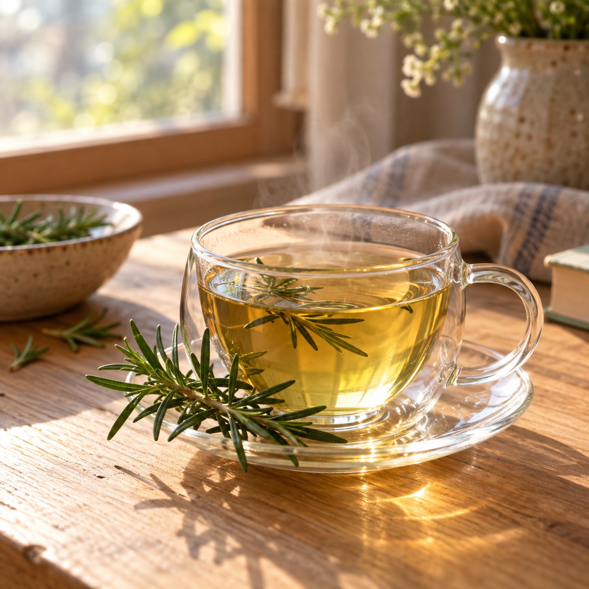 A glass cup of rosemary tea in morning light
